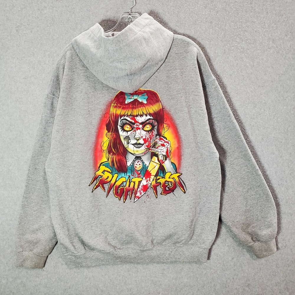 Six Flags Men Sweatshirt Large Gray Hoodie Fright Fest Logo Graphic Print READ